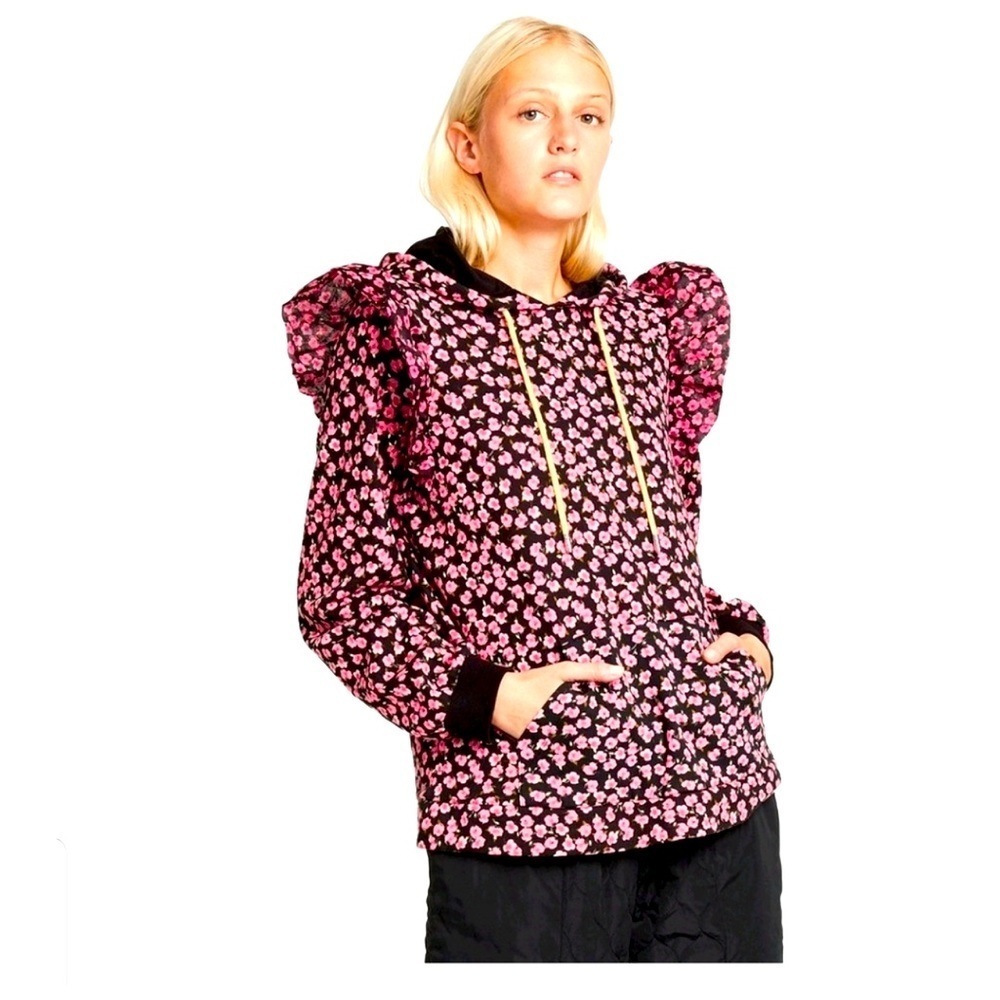 Sandy Liang Target - Pink Ditsy Floral Ruffle Hoodie Sweatshirt Size Small